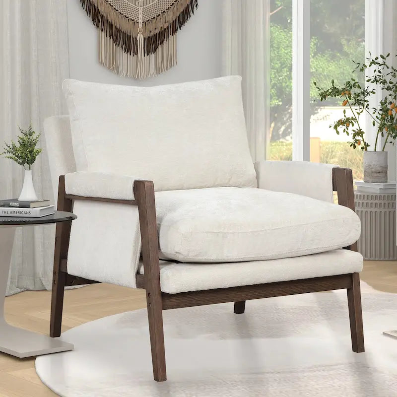 White 35.4 Velvet Arm Chair with Rubber Wood Frame-10
