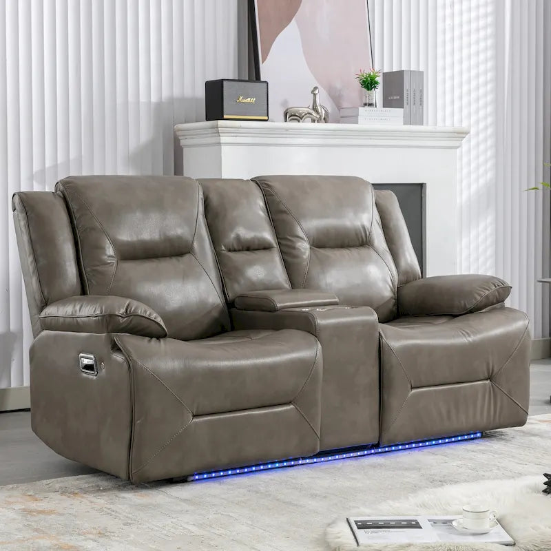 2 Seater Home Theater Recliner Manual Recliner Chair with a LED Light Strip Two Cup Holders and a Storage Box-35