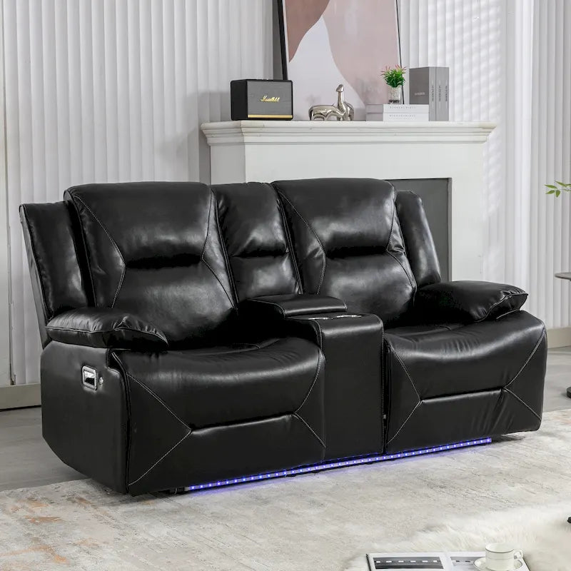 2 Seater Home Theater Recliner Manual Recliner Chair with a LED Light Strip Two Cup Holders and a Storage Box-36