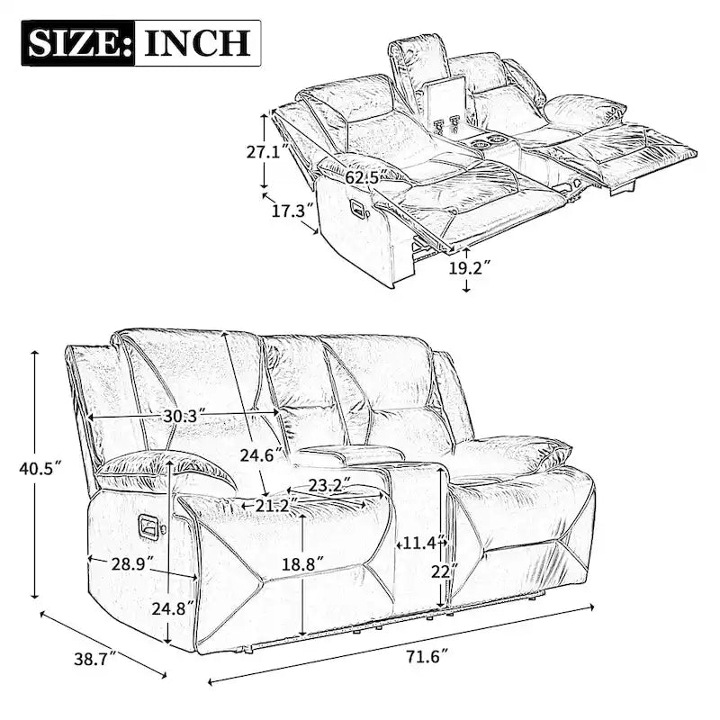 2 Seater Home Theater Recliner Manual Recliner Chair with a LED Light Strip Two Cup Holders and a Storage Box-2