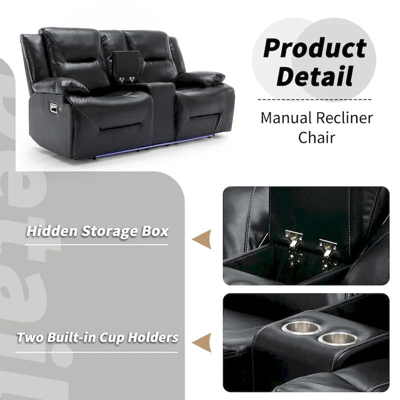 2 Seater Home Theater Recliner Manual Recliner Chair with a LED Light Strip Two Cup Holders and a Storage Box-4