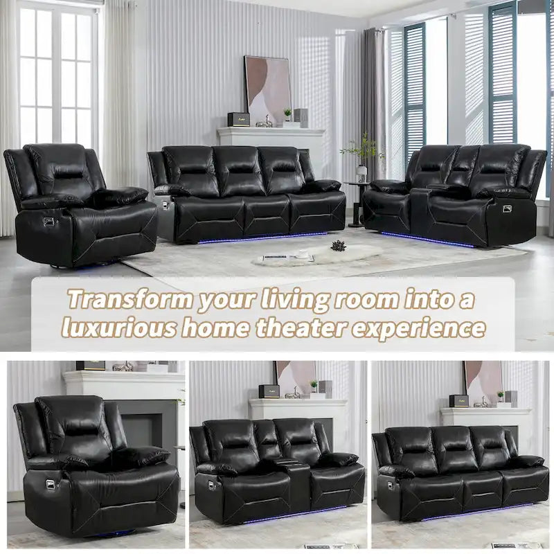 2 Seater Home Theater Recliner Manual Recliner Chair with a LED Light Strip Two Cup Holders and a Storage Box-6