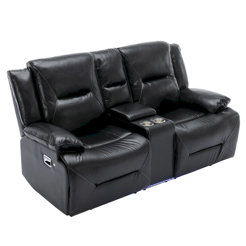 2 Seater Home Theater Recliner Manual Recliner Chair with a LED Light Strip Two Cup Holders and a Storage Box-10
