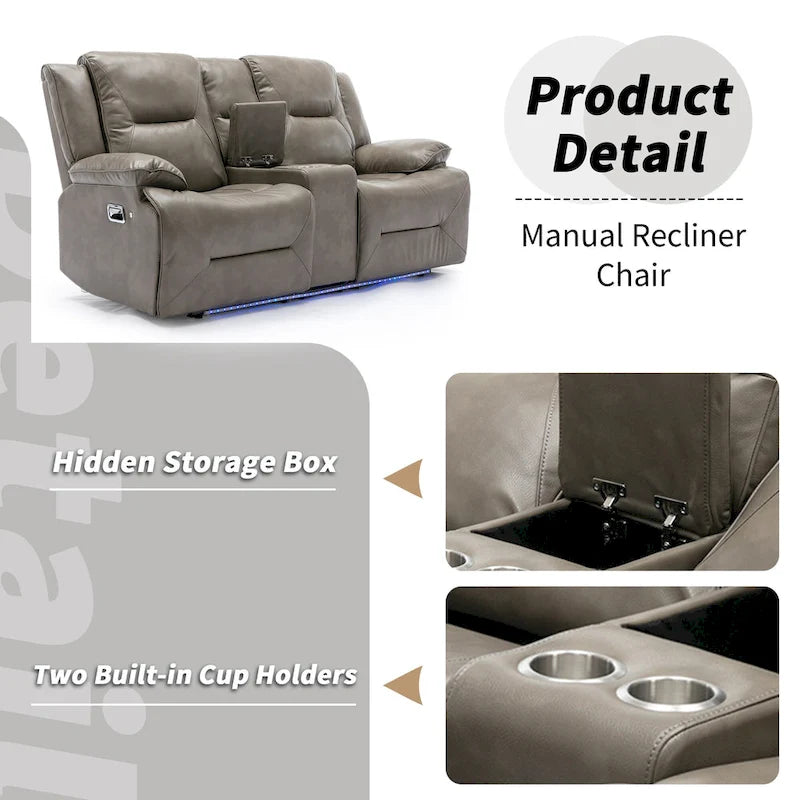 2 Seater Home Theater Recliner Manual Recliner Chair with a LED Light Strip Two Cup Holders and a Storage Box-23