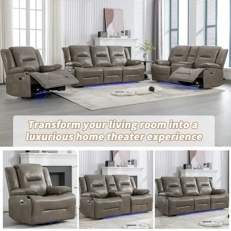 2 Seater Home Theater Recliner Manual Recliner Chair with a LED Light Strip Two Cup Holders and a Storage Box-25