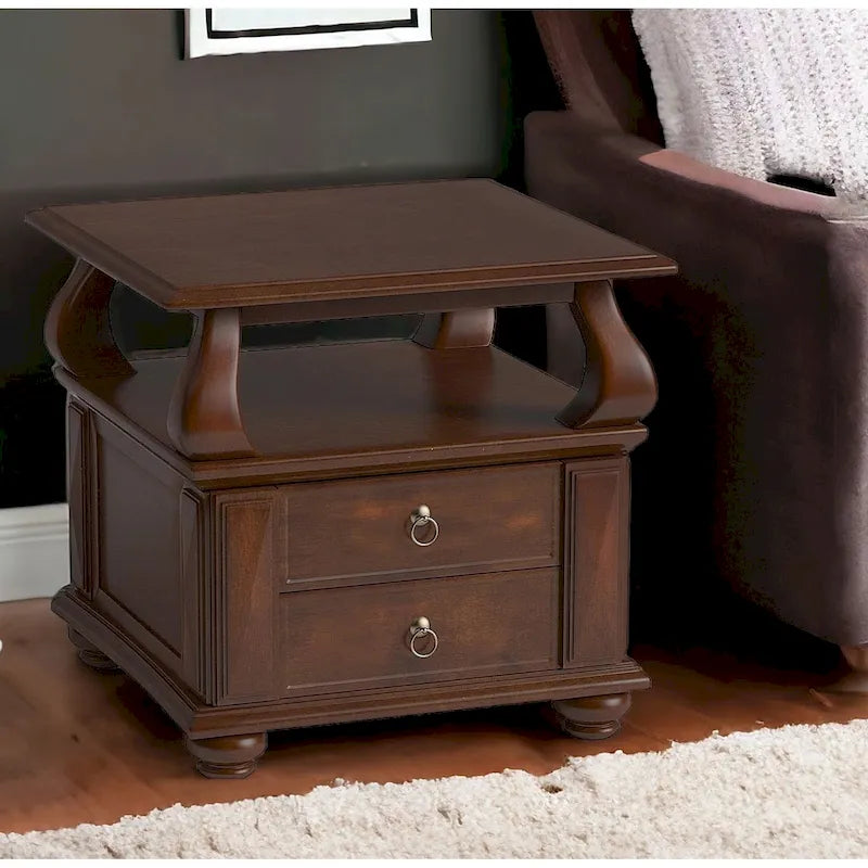 HomeRoots 26 Brown Solid Wood Square End Table With Two Drawers And Shelf - 26' X '26' X '28-5