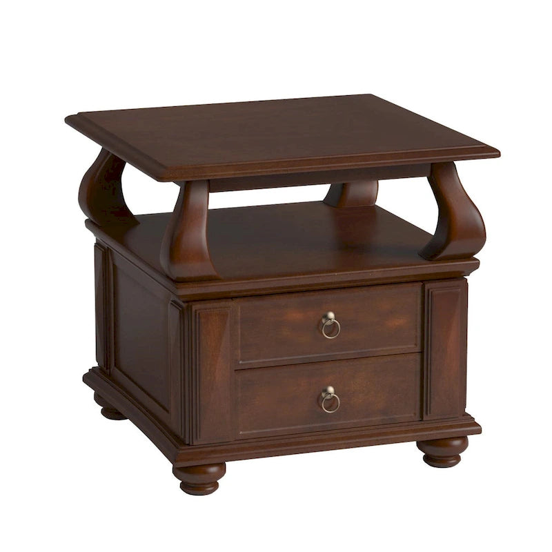 HomeRoots 26 Brown Solid Wood Square End Table With Two Drawers And Shelf - 26' X '26' X '28-2