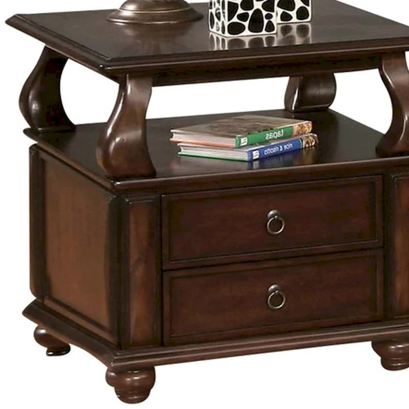 HomeRoots 26 Brown Solid Wood Square End Table With Two Drawers And Shelf - 26' X '26' X '28-4