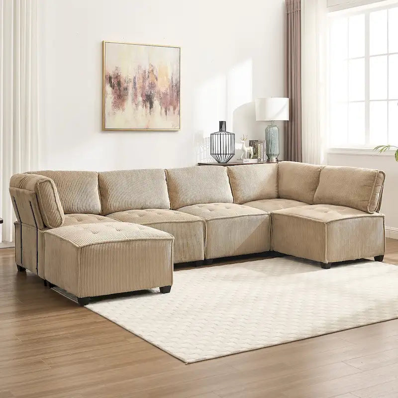 U-Shaped Corduroy Upholstered 6-Seat Convertible Modular Sectional Sofa Fit for Living Room-35