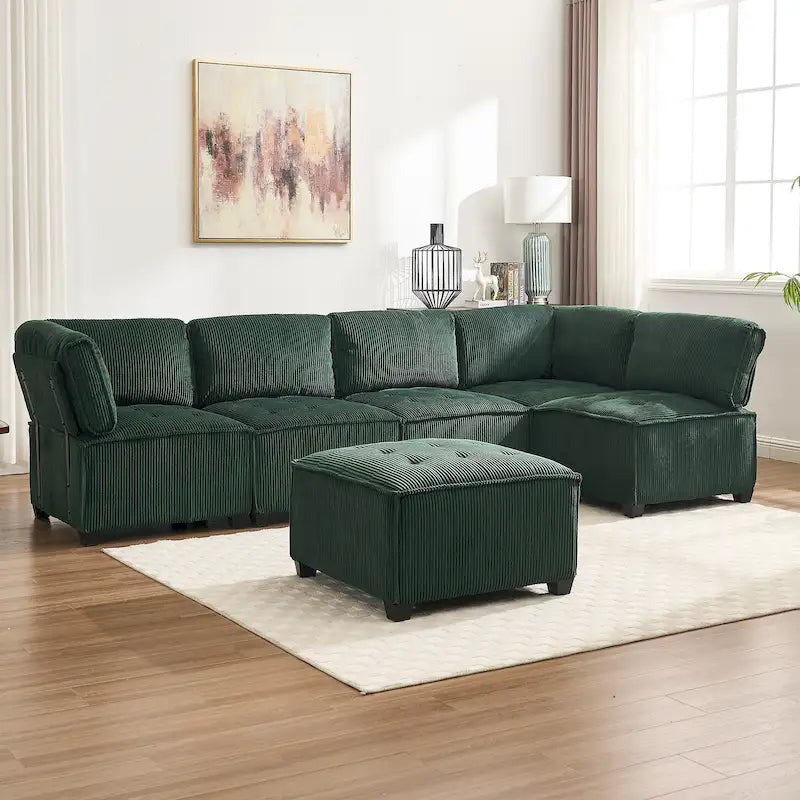 U-Shaped Corduroy Upholstered 6-Seat Convertible Modular Sectional Sofa Fit for Living Room-36