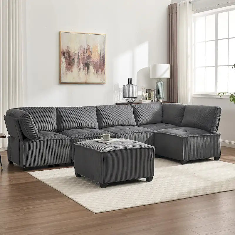 U-Shaped Corduroy Upholstered 6-Seat Convertible Modular Sectional Sofa Fit for Living Room-37