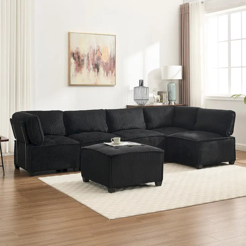 U-Shaped Corduroy Upholstered 6-Seat Convertible Modular Sectional Sofa Fit for Living Room-38