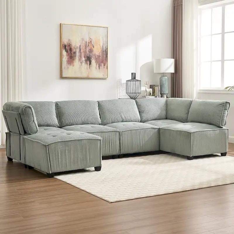 U-Shaped Corduroy Upholstered 6-Seat Convertible Modular Sectional Sofa Fit for Living Room-39