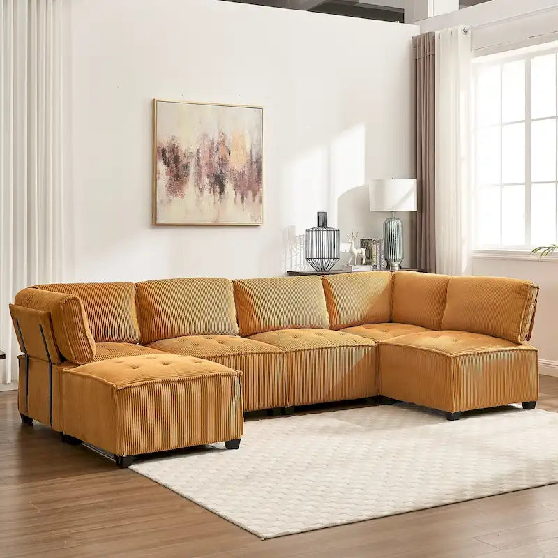 U-Shaped Corduroy Upholstered 6-Seat Convertible Modular Sectional Sofa Fit for Living Room-40