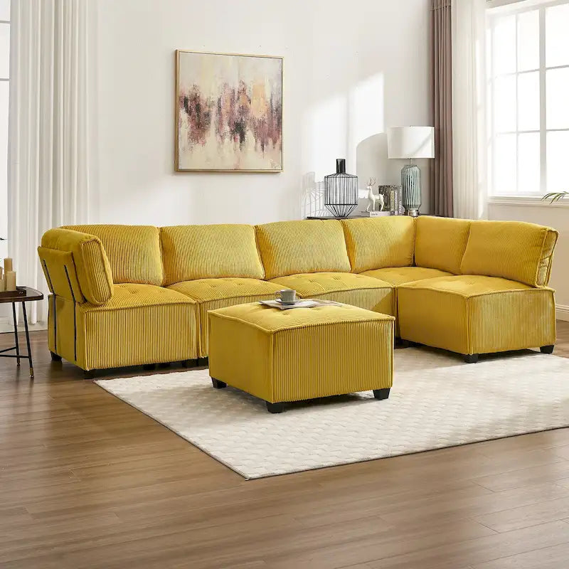 U-Shaped Corduroy Upholstered 6-Seat Convertible Modular Sectional Sofa Fit for Living Room-42