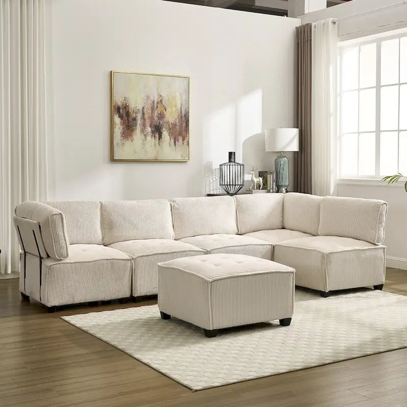 U-Shaped Corduroy Upholstered 6-Seat Convertible Modular Sectional Sofa Fit for Living Room-43