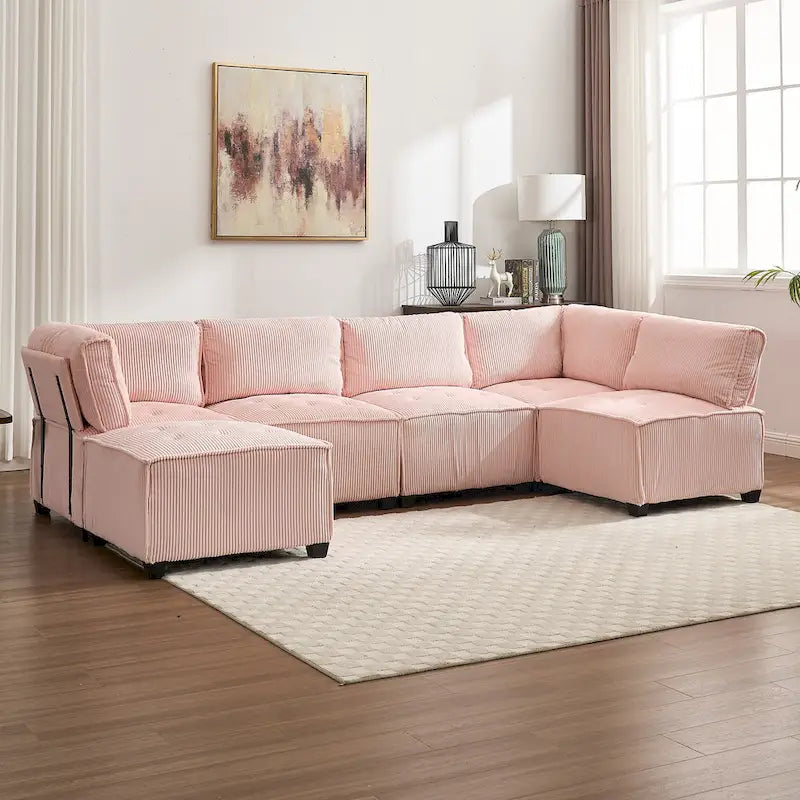 U-Shaped Corduroy Upholstered 6-Seat Convertible Modular Sectional Sofa Fit for Living Room-2