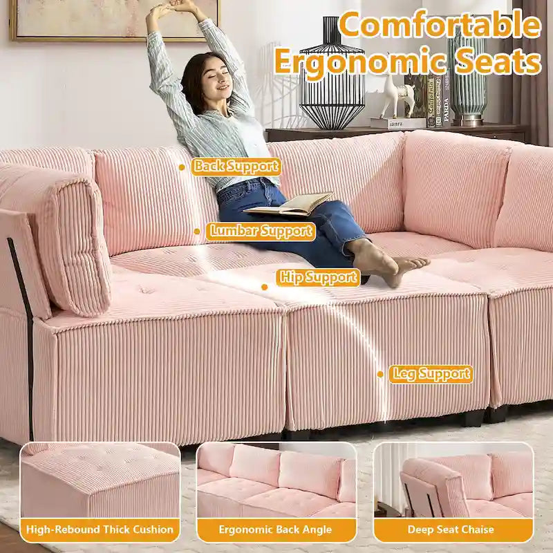 U-Shaped Corduroy Upholstered 6-Seat Convertible Modular Sectional Sofa Fit for Living Room-3