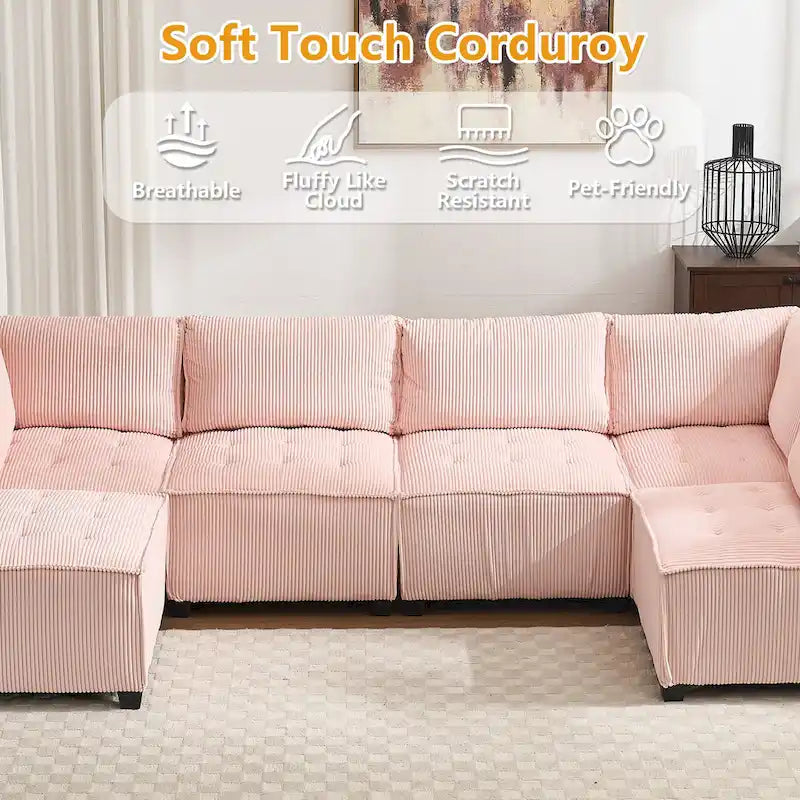 U-Shaped Corduroy Upholstered 6-Seat Convertible Modular Sectional Sofa Fit for Living Room-6