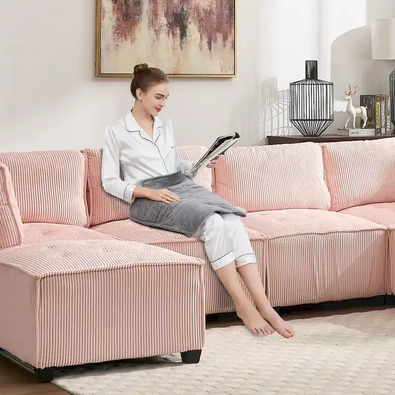 U-Shaped Corduroy Upholstered 6-Seat Convertible Modular Sectional Sofa Fit for Living Room-7