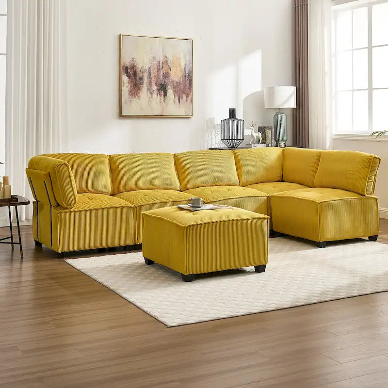 U-Shaped Corduroy Upholstered 6-Seat Convertible Modular Sectional Sofa Fit for Living Room-9