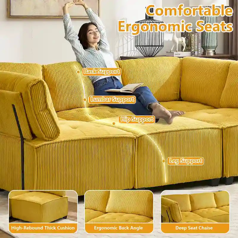 U-Shaped Corduroy Upholstered 6-Seat Convertible Modular Sectional Sofa Fit for Living Room-10