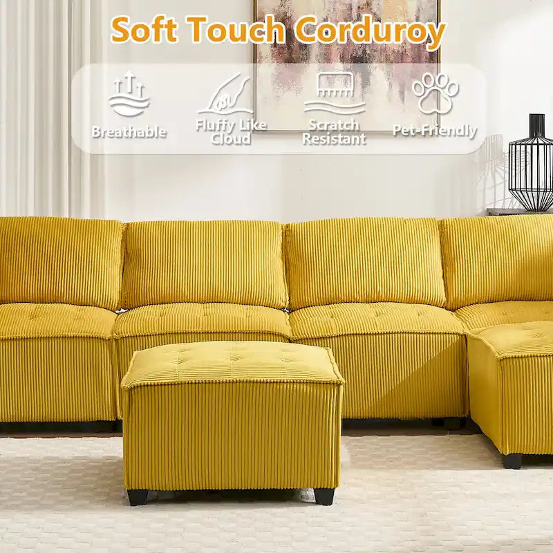 U-Shaped Corduroy Upholstered 6-Seat Convertible Modular Sectional Sofa Fit for Living Room-13