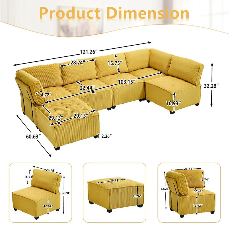 U-Shaped Corduroy Upholstered 6-Seat Convertible Modular Sectional Sofa Fit for Living Room-15