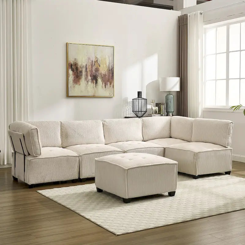 U-Shaped Corduroy Upholstered 6-Seat Convertible Modular Sectional Sofa Fit for Living Room-16
