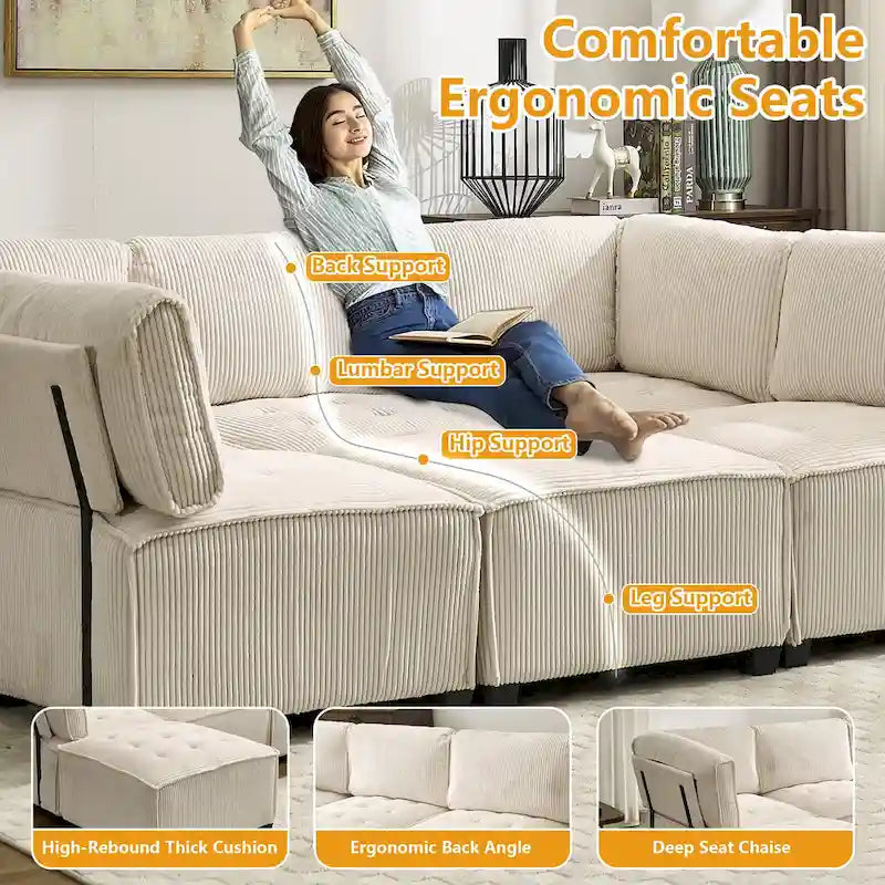 U-Shaped Corduroy Upholstered 6-Seat Convertible Modular Sectional Sofa Fit for Living Room-17
