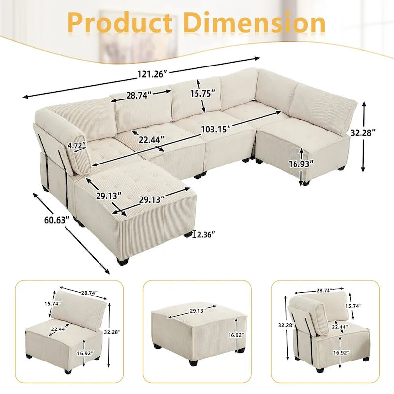 U-Shaped Corduroy Upholstered 6-Seat Convertible Modular Sectional Sofa Fit for Living Room-22