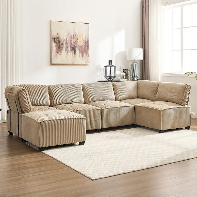 U-Shaped Corduroy Upholstered 6-Seat Convertible Modular Sectional Sofa Fit for Living Room-23