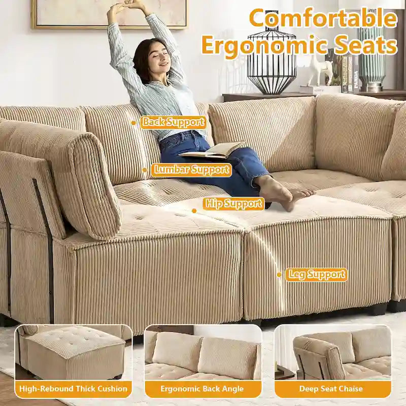 U-Shaped Corduroy Upholstered 6-Seat Convertible Modular Sectional Sofa Fit for Living Room-24