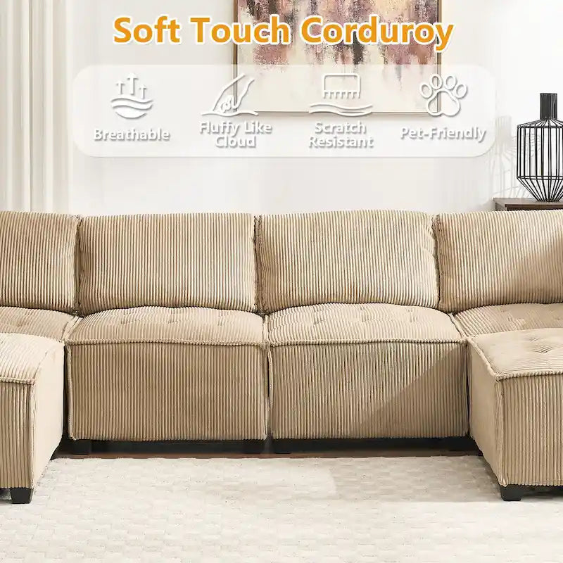 U-Shaped Corduroy Upholstered 6-Seat Convertible Modular Sectional Sofa Fit for Living Room-27