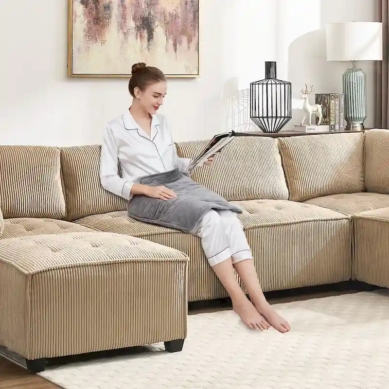 U-Shaped Corduroy Upholstered 6-Seat Convertible Modular Sectional Sofa Fit for Living Room-28