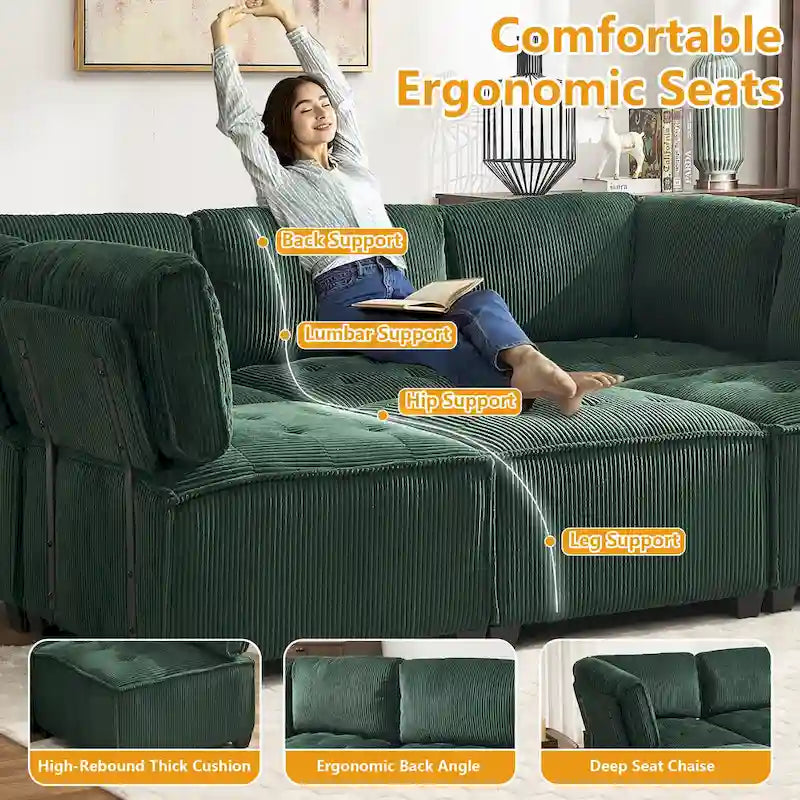 U-Shaped Corduroy Upholstered 6-Seat Convertible Modular Sectional Sofa Fit for Living Room-30