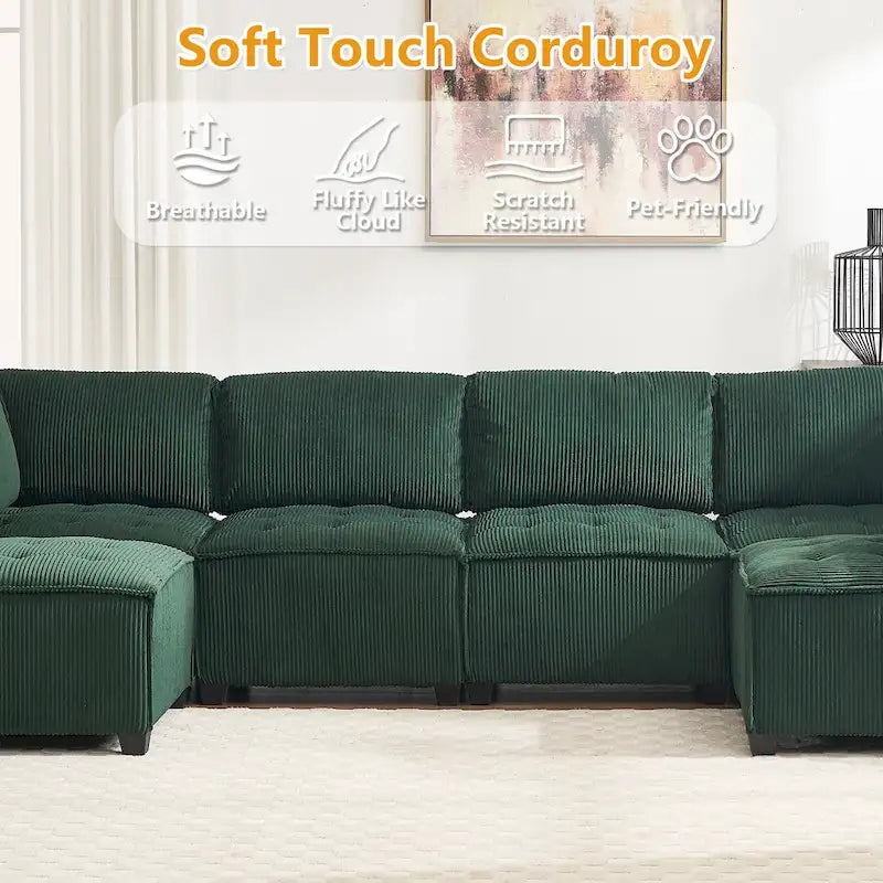 U-Shaped Corduroy Upholstered 6-Seat Convertible Modular Sectional Sofa Fit for Living Room-33