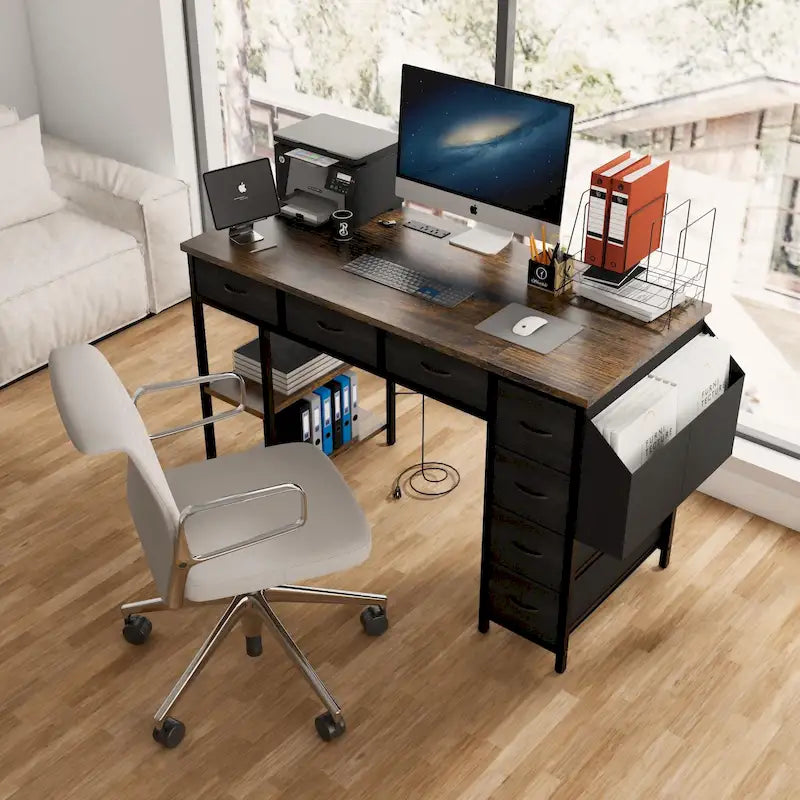Modern Computer Office Desk with Power Station and Dual Monitor Stands and 2 Drawers for Home Office or Study Organization-22
