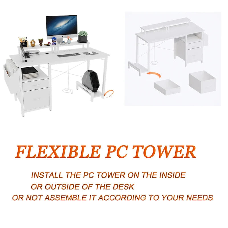Modern Computer Office Desk with Power Station and Dual Monitor Stands and 2 Drawers for Home Office or Study Organization-4