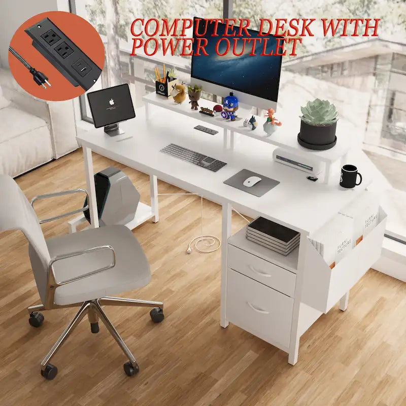 Modern Computer Office Desk with Power Station and Dual Monitor Stands and 2 Drawers for Home Office or Study Organization-5