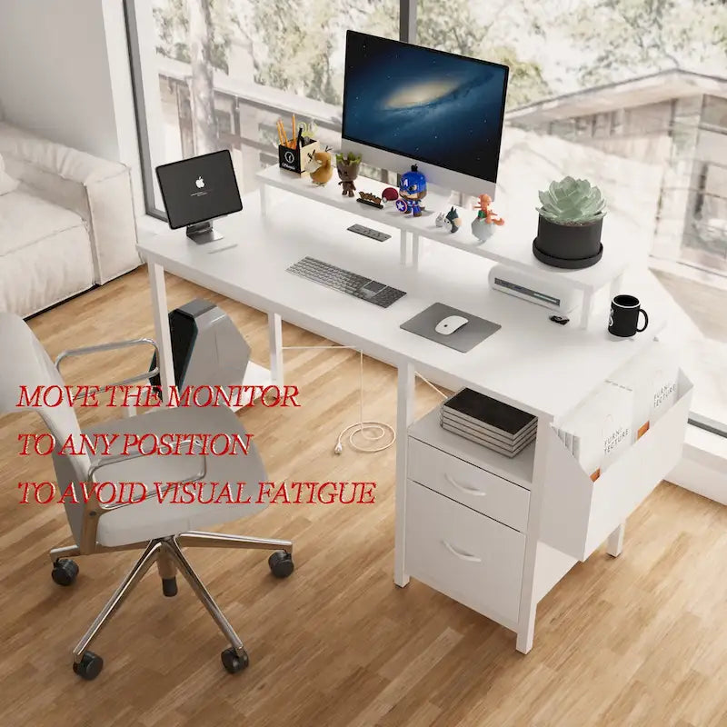 Modern Computer Office Desk with Power Station and Dual Monitor Stands and 2 Drawers for Home Office or Study Organization-6