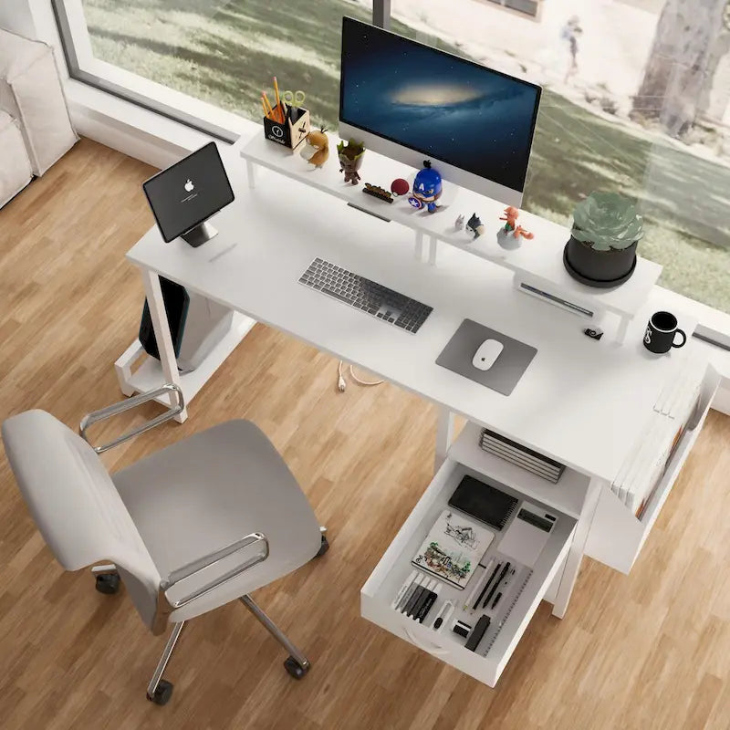Modern Computer Office Desk with Power Station and Dual Monitor Stands and 2 Drawers for Home Office or Study Organization-7