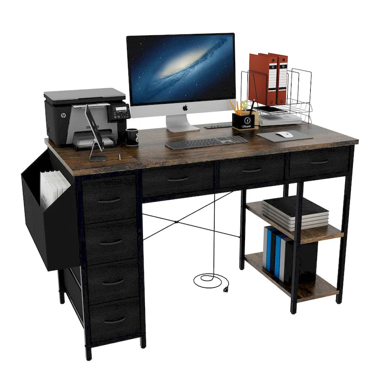 Modern Computer Office Desk with Power Station and Dual Monitor Stands and 2 Drawers for Home Office or Study Organization-9