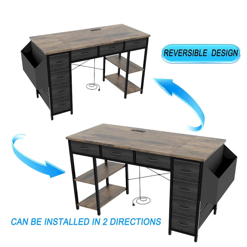 Modern Computer Office Desk with Power Station and Dual Monitor Stands and 2 Drawers for Home Office or Study Organization-11
