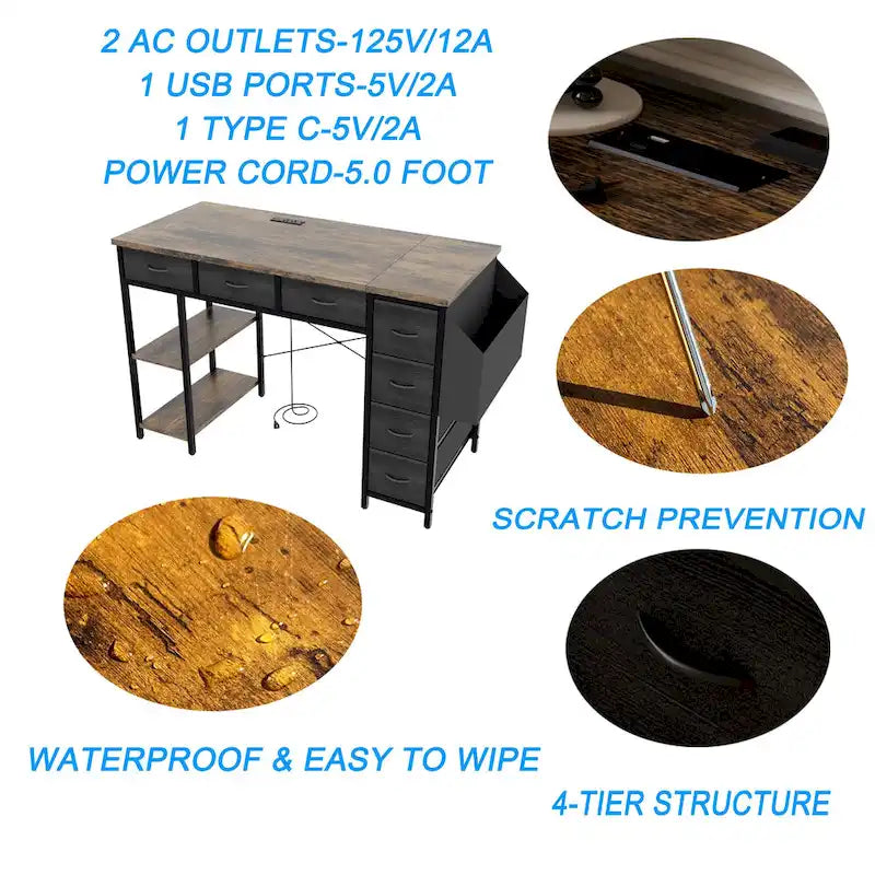 Modern Computer Office Desk with Power Station and Dual Monitor Stands and 2 Drawers for Home Office or Study Organization-13