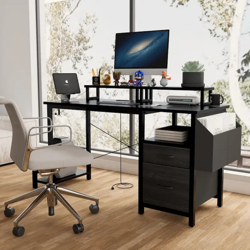 Modern Computer Office Desk with Power Station and Dual Monitor Stands and 2 Drawers for Home Office or Study Organization-14
