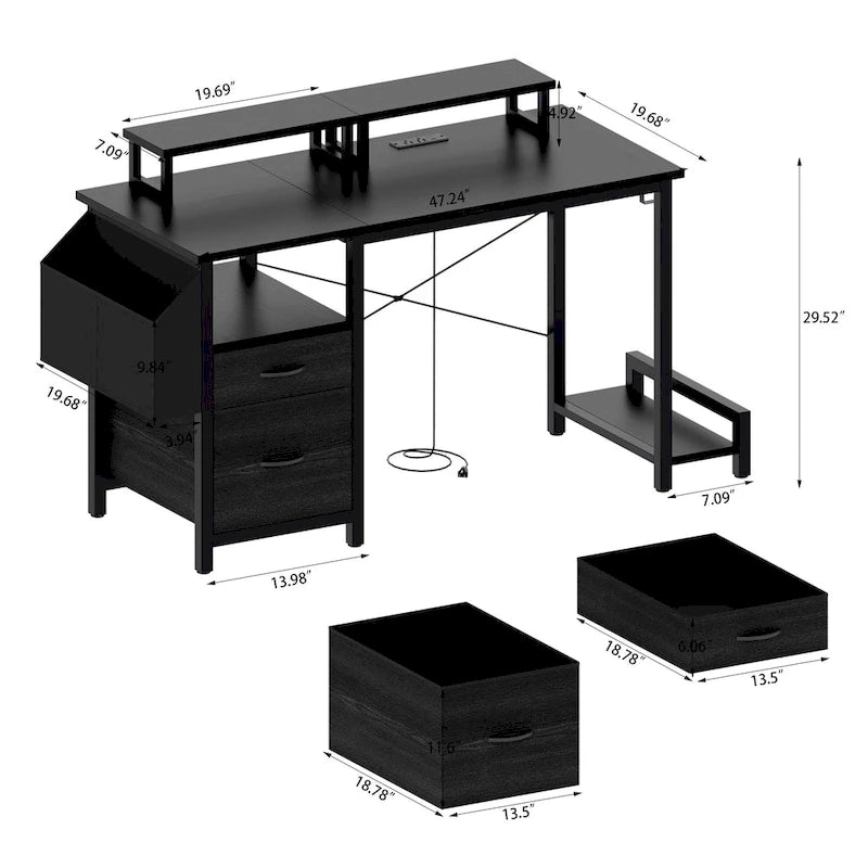 Modern Computer Office Desk with Power Station and Dual Monitor Stands and 2 Drawers for Home Office or Study Organization-16