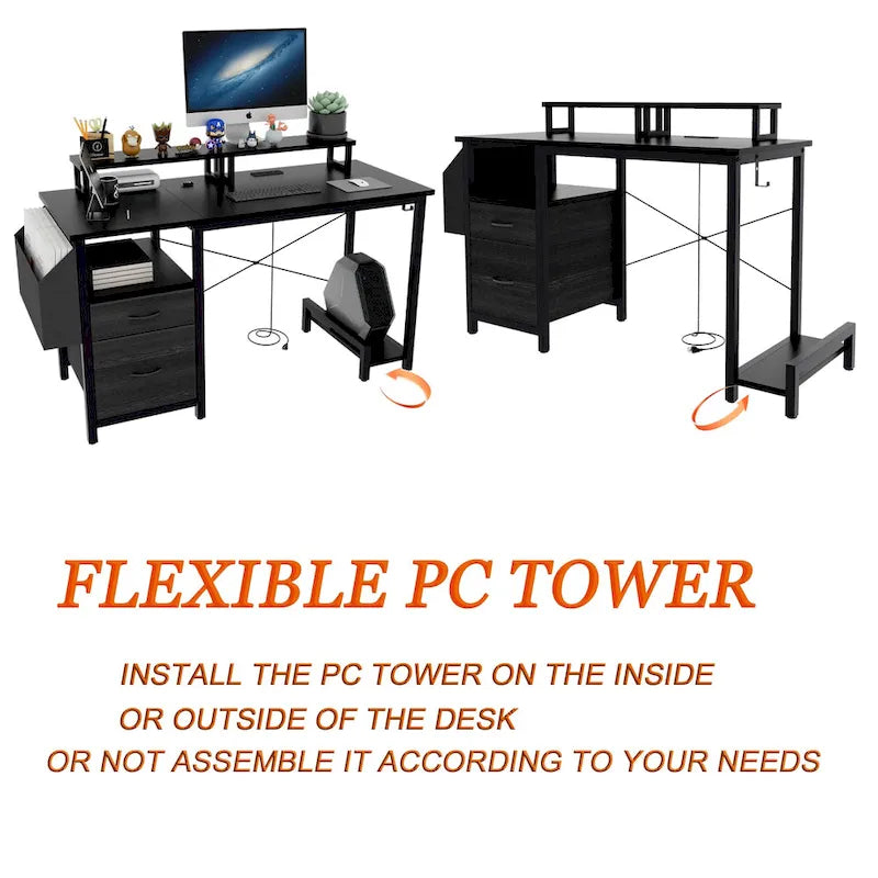 Modern Computer Office Desk with Power Station and Dual Monitor Stands and 2 Drawers for Home Office or Study Organization-17