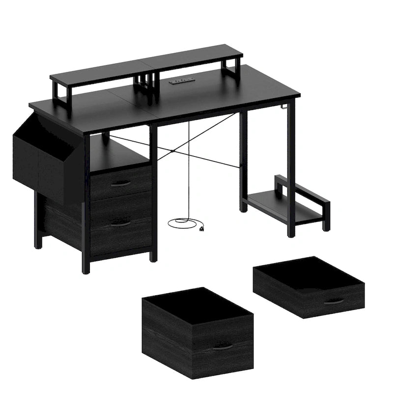 Modern Computer Office Desk with Power Station and Dual Monitor Stands and 2 Drawers for Home Office or Study Organization-19