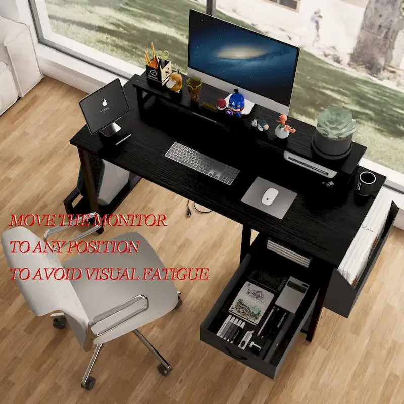Modern Computer Office Desk with Power Station and Dual Monitor Stands and 2 Drawers for Home Office or Study Organization-20
